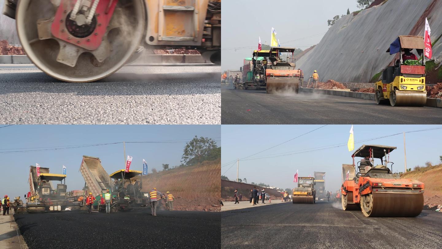 公路建設(shè)工人施工鋪瀝青壓路機(jī)瀝青路面施工